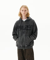 WASHED CUT OFF APPLIQUE HOOD ZIP UP