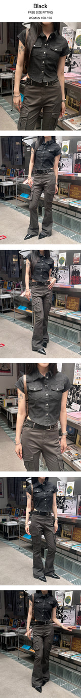 Pocket denim crop shirts(3color)
