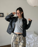 Dutch rivet semi-crop leather jacket