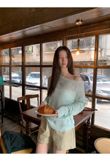 Mint off-shoulder lace long-sleeved see-through knitwear