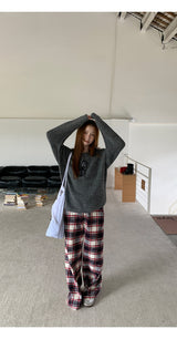 Cotton Check Casual Wide Pants