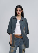 Sia damage washed denim short-sleeved shirt