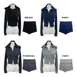 2wayジッパースリムクロップフード & フォルディングローショートパンツセット (4 colors)