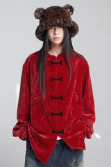 velvet chenille embroidered Mandarin collar shirt