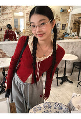 Lace shirring two-piece long-sleeved blouse T-shirt