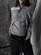 gray lettering off-shoulder knit