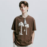 パームツリー＆アイレットチェーンニードルワークTシャツ　ブラウン