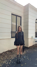 Unbalanced Off-Shoulder Stripe Long Sleeve T-Shirt