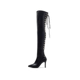 Back Lace-Up Thigh High Boots Heel(Black)