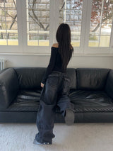 ラフミューズタッセルボールスタッドワイドロングデニムパンツ
