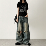 Andy Knee Damage Cutting Deep Washed Denim Wide Pants