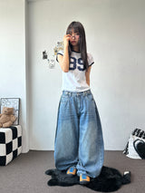 Truegen Button Waistband Side Pintuck Balloon Denim Pants 4color