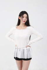 ラウンドネックボタンシャーリングTシャツ