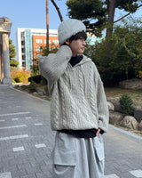 Noel Knit Hoodie Half Zip Up (Gray)