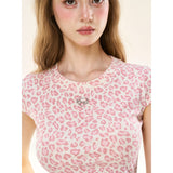 [GirlyFancyClub] ピンク レオパード プリーツ Tシャツ