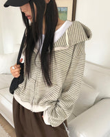 Bima Stripe Pocket Loose-Fit Long Sleeve Hoodie Zip-Up