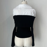 Off-shoulder color scheme shirt slim fit ribbed long sleeve knit T (2 colors)