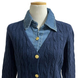 Perry Denim-Layer Cable Knit Long Sleeve Cardigan