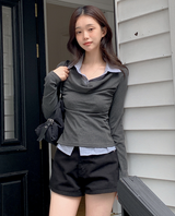 #FZ ストライプシャツレイヤードドレープTシャツ (2color)