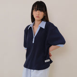 Navy Half Open Collar Tee