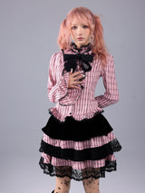 EVILTOOTH Eliza Heart Pink and Black Plaid Ruffle Collar Shirt with Embroidered Bow and Slim Flared Sleeves