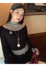 リップネックレイヤードロングスリーブチェックTシャツ