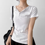 Slim Fit 🤍 Henry Neck Waist Pintuck Slit Spandex Short-Sleeved T-Shirt (4 colors)