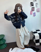 スノーフラワーカラーノルディックツーウェイジッパーニットジップアップ❤🖤🤎🩶🤍5カラー