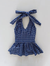 Lower Smoke Banding Hem Frill Check Halter Neck Sleeveless Blouse 2 Colors
