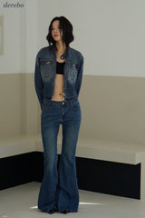Round medium blue zip-up denim jacket