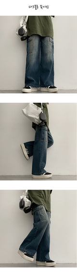[Short, Basic/S-3XL] Cropped Banded Waist Wide Cargo Denim Pants