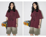 Dark wine red drum kit washed vintage short sleeve T-shirt
