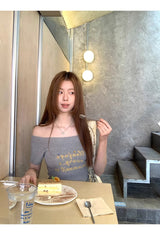 イエロークリームオフショルダーショートスリーブニットTシャツ