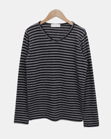 ユエンUネックストライプ長袖Tシャツ