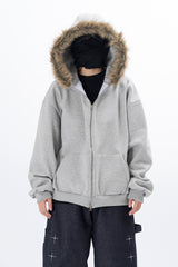 Lenore Raccoon Fur Fleece Hooded Zip-Up