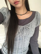 [Fake Layered] Hein Puff Ribbon Short Sleeve Layered T-Shirt Set