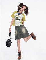 プリントショートスリーブラグランラウンドネックTシャツ
