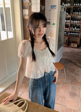 #Cancan Puff Shirring Short Sleeve Blouse (2color)