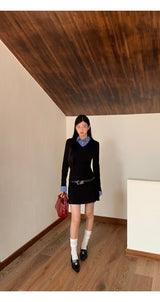 shirt black V-neck flare dress