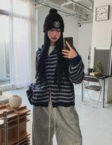 Onz Striped Mohair Knit Hood Zip-Up