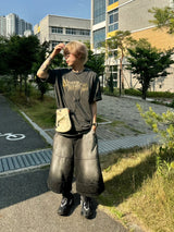 Cutting line vintage washing denim bermuda pants 2C