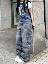 Unisex ツーウェイバミューダジッパーカーゴワイドデニムパンツ