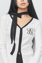 Logo Muffler V-neck Top White