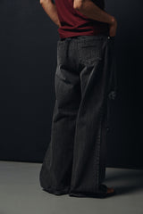 Washed damage wide flare denim pants(Black)