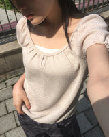 Eveni Shirring Volume Hole Short Sleeve Knit