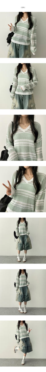 OMON Badge Dangara Boucle V-Neck Long Sleeve Knit
