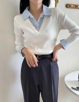 Ballon Shirt Layered V-Neck Shirring Knit