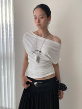 Design Open Shoulder Slim スパンデックス半袖Tシャツ