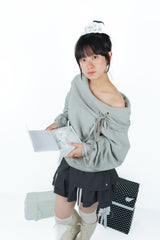 offshoulder ribbon hoodie(gray)