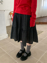 Zikan Check Shirring Midi Skirt
